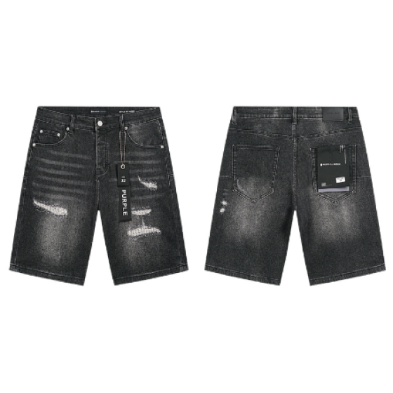 Black Washed Denim Shorts with Classic Whiskering Fading and Knee Distressing
